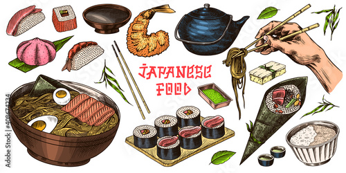 Japanese food set. Sushi bar, ramen noodles, soup in a bowl, roll and dessert, Asian tea. Soy sauce. Hand holds chopsticks. Drawn engraved sketch. Monochrome doodle style. Vector illustration