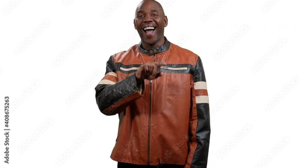 African American man points to center of screen then makes larger and larger circles with his hand on white background African American man points to center of screen then makes larger and larger circles with his hand on white background