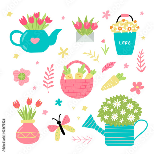 Spring garden set in cute hand drawn style. Happy gardening poster design. Vector illustration.