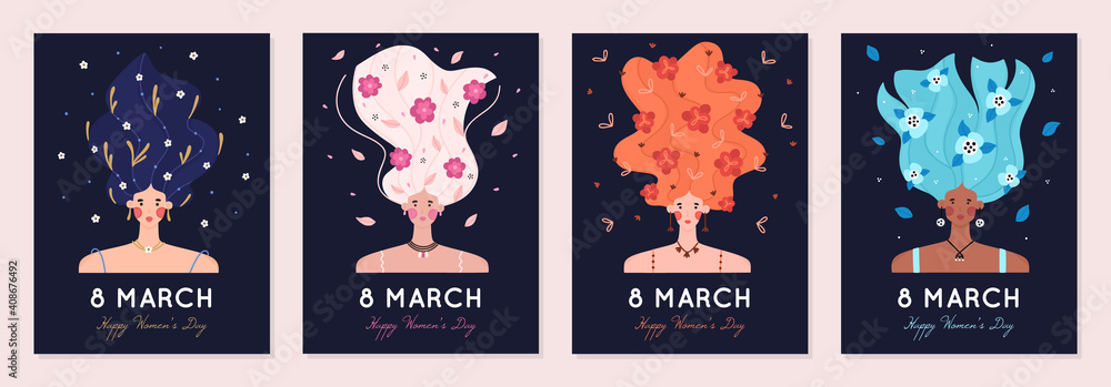 Fototapeta premium 8 March. International Women's Day. Portraits of girl with raised hair decorated with many flowers on dark background. Woman with blooming hairstyle. Spring holiday. Poster, invitation, greeting card