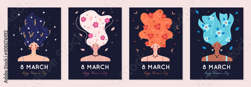 8 March. International Women's Day. Portraits of girl with raised hair decorated with many flowers on dark background. Woman with blooming hairstyle. Spring holiday. Poster, invitation, greeting card