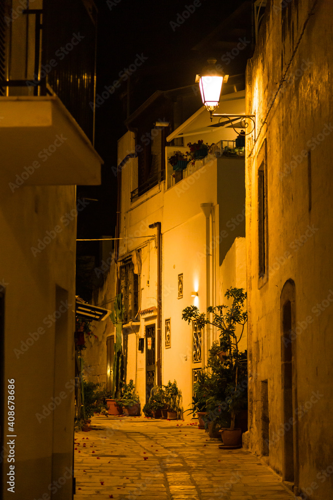 イタリア　ポリニャーノ・ア・マーレの旧市街の夜の路地風景
