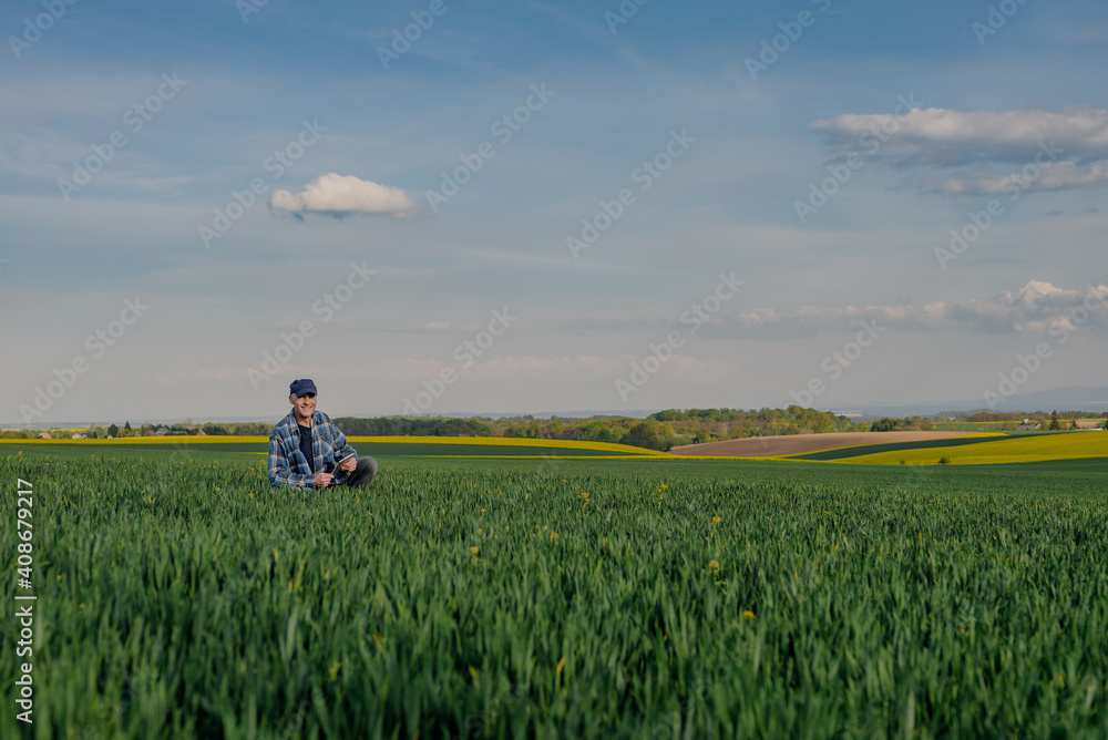 Portrait of Successful Farmer Examining Crops at Agriculture Field. Farmer Looking at Crops Wheat Field Portrait of Successful Farmer Examining Crops at Agriculture Field. Farmer Looking at Crops Wheat Field
