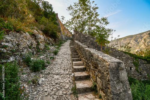 The ancient stone pathway and steps to the medieval St. John's fortress in the mountains above the city of Kotor, Montenegro.