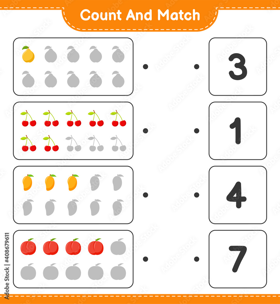 Count and match, count the number of Fruits and match with right numbers. Educational children game, printable worksheet, vector illustration Count and match, count the number of Fruits and match with right numbers. Educational children game, printable worksheet, vector illustration