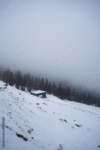 Beautiful Green shed on a mountain in the winter, Colorado