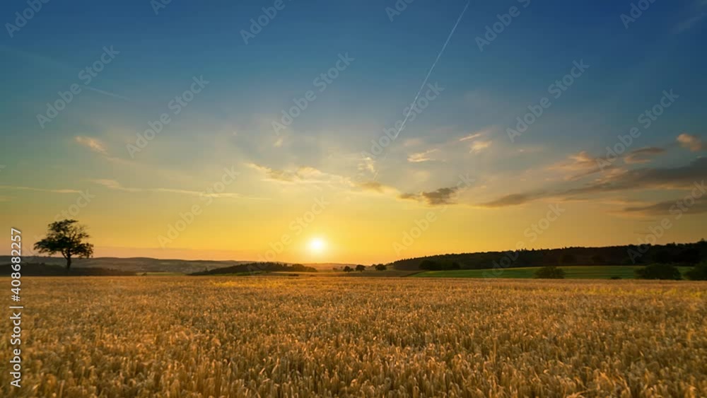 Time-lapse of ripe farmland at sunset, copy space Time-lapse of ripe farmland at sunset, copy space