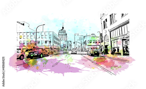 Building view with landmark of Sacramento is the
city in California. Watercolor splash with hand drawn sketch illustration in vector.