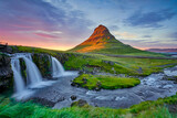 Awesome evening with Kirkjufell volcano the coast of Snaefellsnes peninsula. Dramatic and picturesque scene. Location famous place Kirkjufellsfoss waterfall, Iceland, Europe, travel. Beauty world.