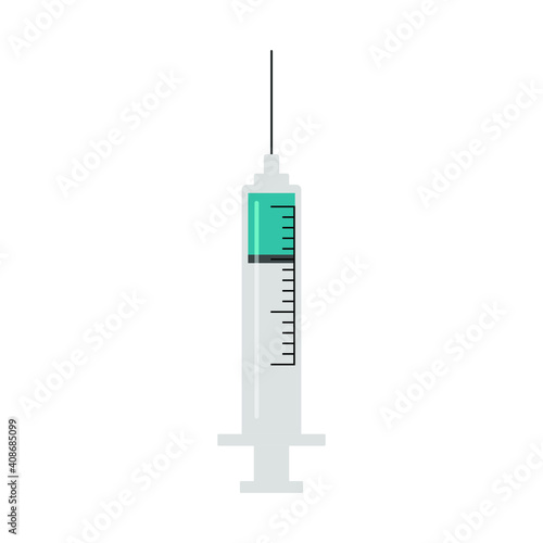 Medical disposable syringe with needle. Applicable for vaccine injection, vaccination illustration. Plastic syringe with needle. Vector illustration. Isolated on a white background.