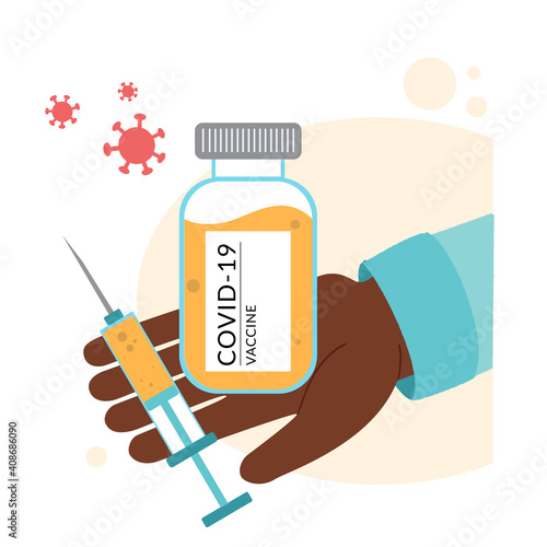 Vaccine against COVID-19 virus. Prevention injection, immunization. Coronavirus infection treatment. A bottle with a vaccine in the hand of a black man.