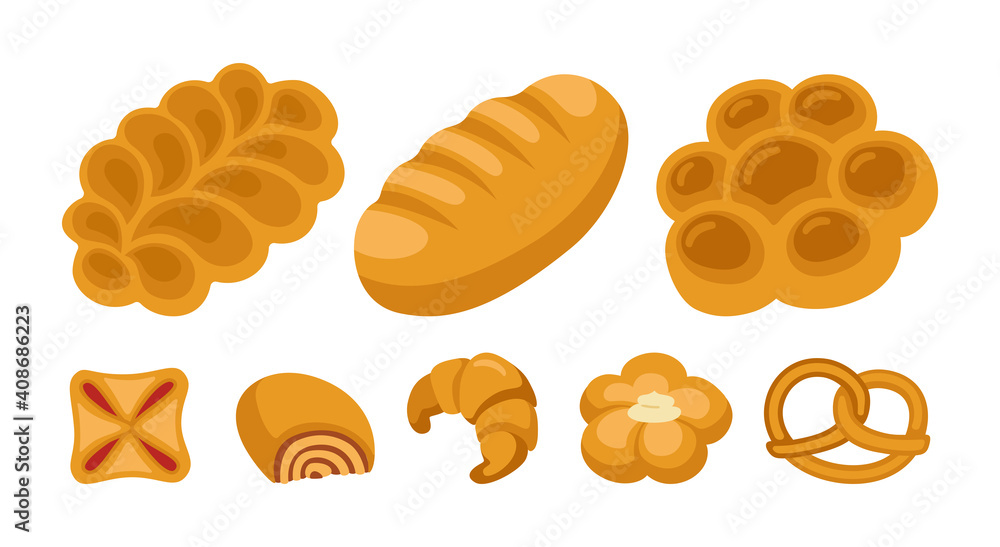 Sweet buns cartoon icon set. Bakery goods bread loaf and wicker bun pretzel, croissant puff pastry, roll. Design menu bakery symbol. Stylish icon modern vector illustration Sweet buns cartoon icon set. Bakery goods bread loaf and wicker bun pretzel, croissant puff pastry, roll. Design menu bakery symbol. Stylish icon modern vector illustration