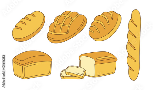Bakery doodle cartoon icon set. Bread rye, whole grain and wheat loaf bread and french baguette, sketch ciabatta. Baked goods, design menu bakery pastry symbol. Stylish modern vector illustration