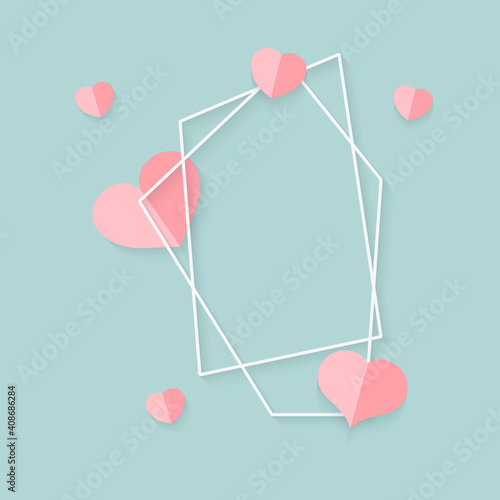Closeup of abstract polygonal geometric white frame with pink hearts. Template empty text banner for Valentines day. Design element polyhedron frame for wedding invitation card. Vector illustration