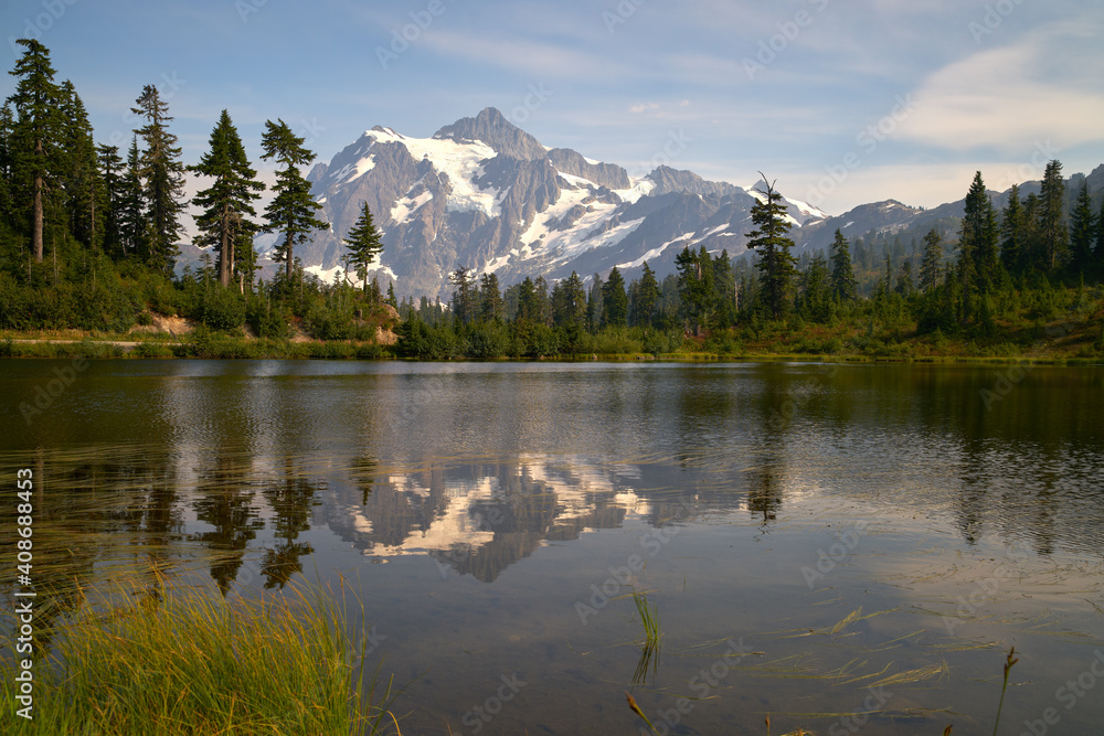Picture Lake Mt. Baker USA. Mt. Shuksan in the Washington State Cascade Mountain range reflected in Picture Lake. USA.


