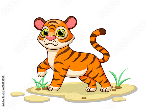 Fototapeta Naklejka Na Ścianę i Meble -  Cute Tiger Cartoon Characters on white background. Kid, baby vector art illustration with funny animal