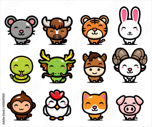cartoon characters set bundle of twelve cute chinese zodiac animals