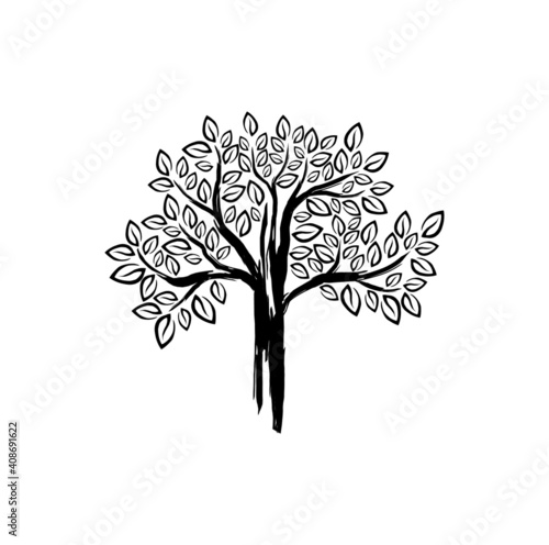Abstract tree silhouette with hand drawn art style, tree logo design inspirations.