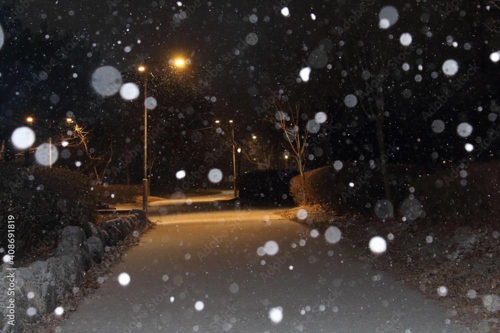 Obraz premium 눈오는 날 저녁
