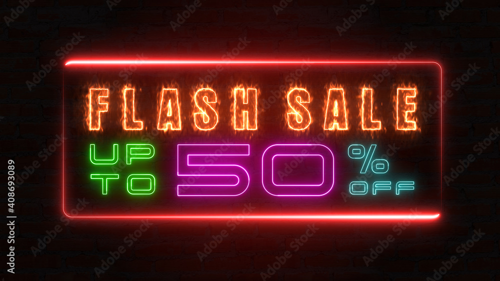 Flashing sale up to percent off colorful neon blaze sign banner in black background for promote. concept of promotion brand sale series 10-90%
