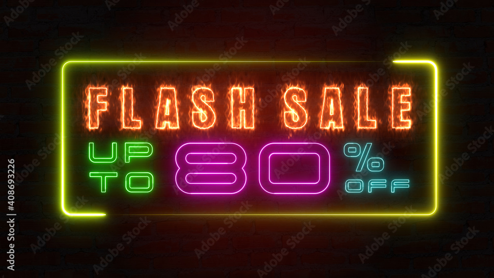 Naklejka premium Flashing sale up to percent off colorful neon blaze sign banner in black background for promote. concept of promotion brand sale series 10-90%