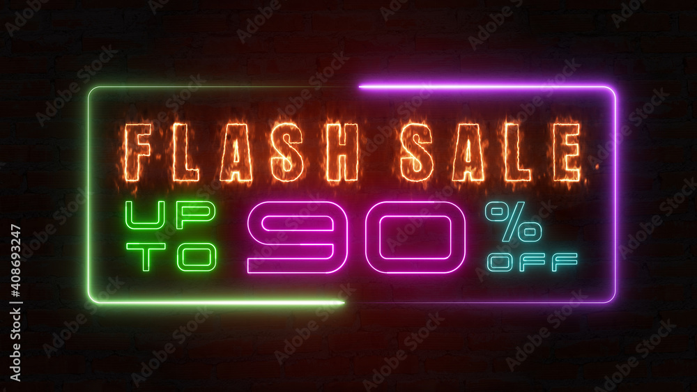 Flashing sale up to percent off colorful neon blaze sign banner in black background for promote. concept of promotion brand sale series 10-90% Flashing sale up to percent off colorful neon blaze sign banner in black background for promote. concept of promotion brand sale series 10-90%