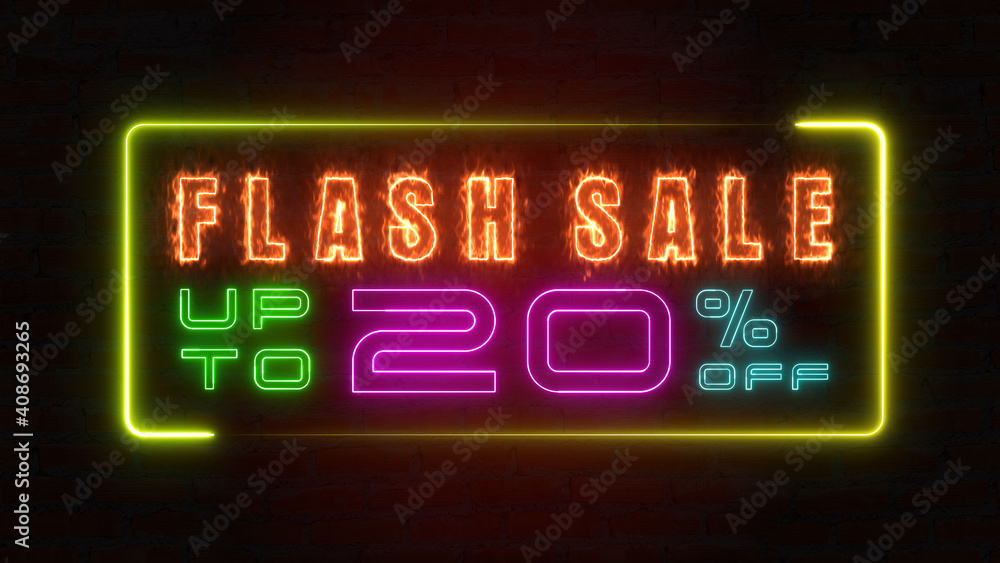 Naklejka premium Flashing sale up to percent off colorful neon blaze sign banner in black background for promote. concept of promotion brand sale series 10-90%