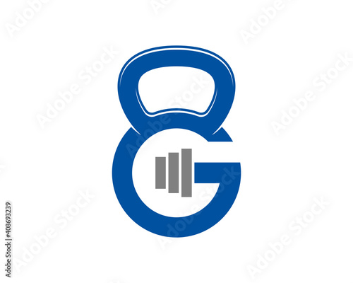G Letter with gym dumbbell and kettle bell shape