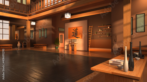 3D Illustration of a Japanese Karate School or Dojo.  Kanji Symbol Translates to 