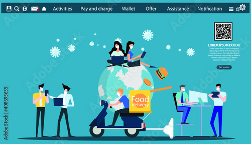  Group of people  put mask health, order food online delivery ,method protection covid 2019,concept illustration  Infographic template.