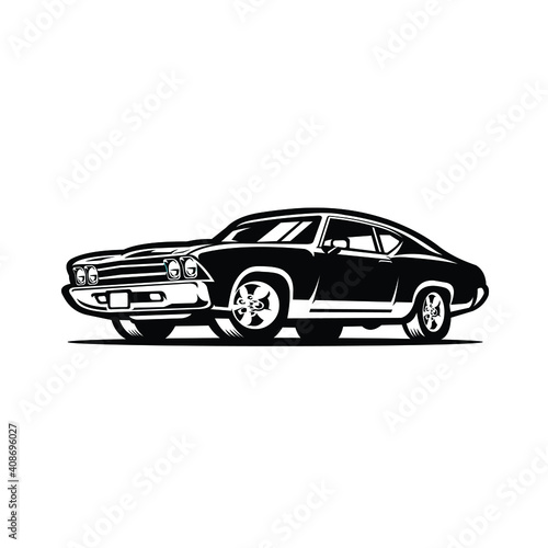 American Muscle Car Vector, Monochrome Image of American Muscle Car in White Background Isolated