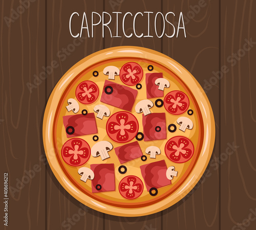 Vector illustration of capricciosa pizza. Pizza with tomatoes, bacon and olives
