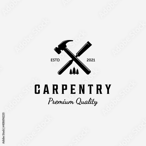 Canvas Print Design of Carpentry Logo Vector, Handcraft Concept with Hammer and Chisel, Vinta