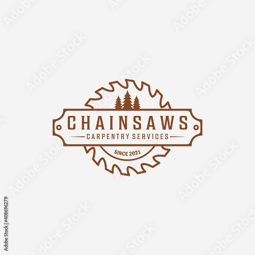 Carpentry and Wood saw Logo Vector, Chainsaws Line art Vintage Illustration, Carpenter and Wood Working Concept Design