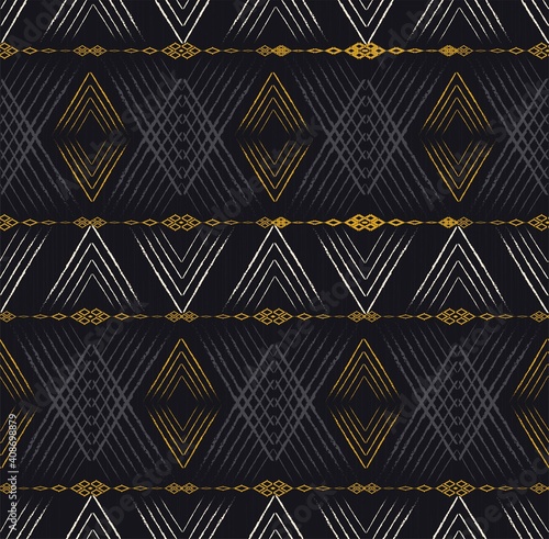 Vector ikat geometric shape from lines texture seamless pattern background.