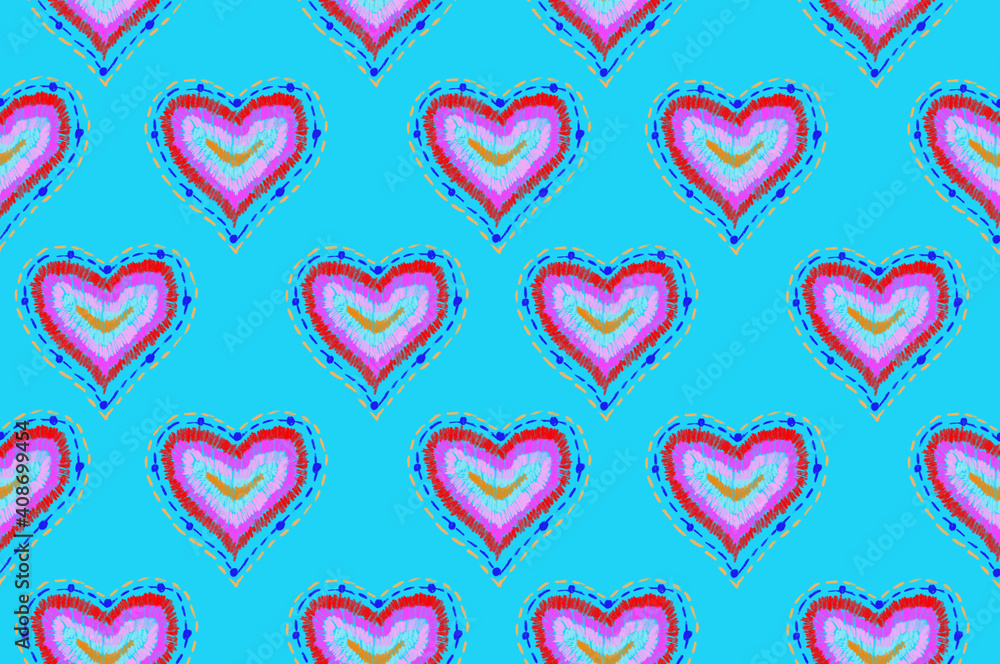 Obraz premium pattern of freehand sketch shape heart, colorful red pink blue orange color design elements isolated on light blue background, symbol love Valentine Day