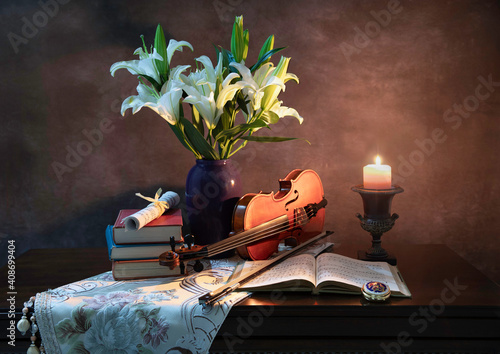 still life with violin and flowers