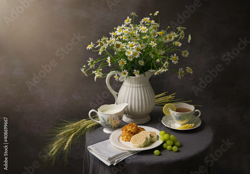 still life with coffee and flowers
