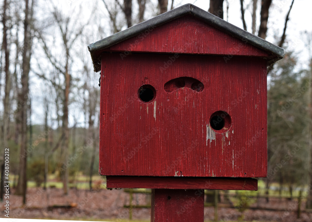 Vintage red birdhouse exposed to elements 