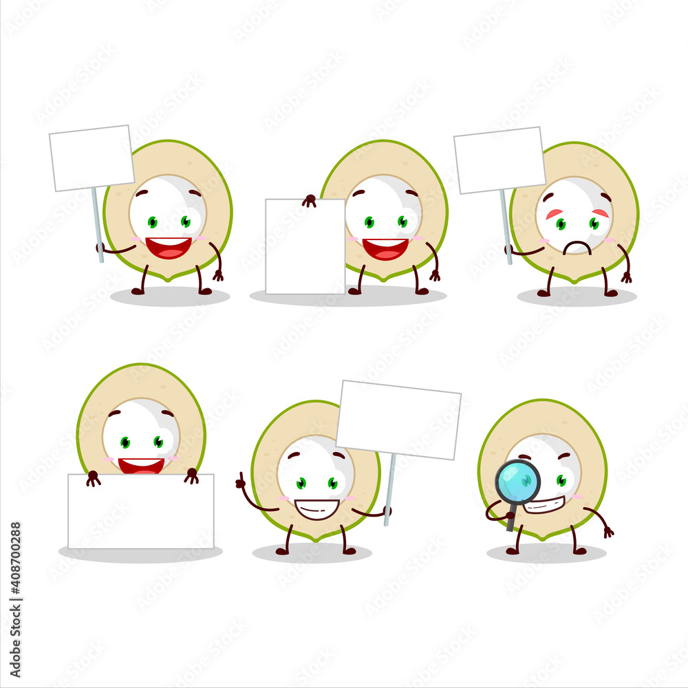 Slice of green coconut cartoon character bring information board Slice of green coconut cartoon character bring information board