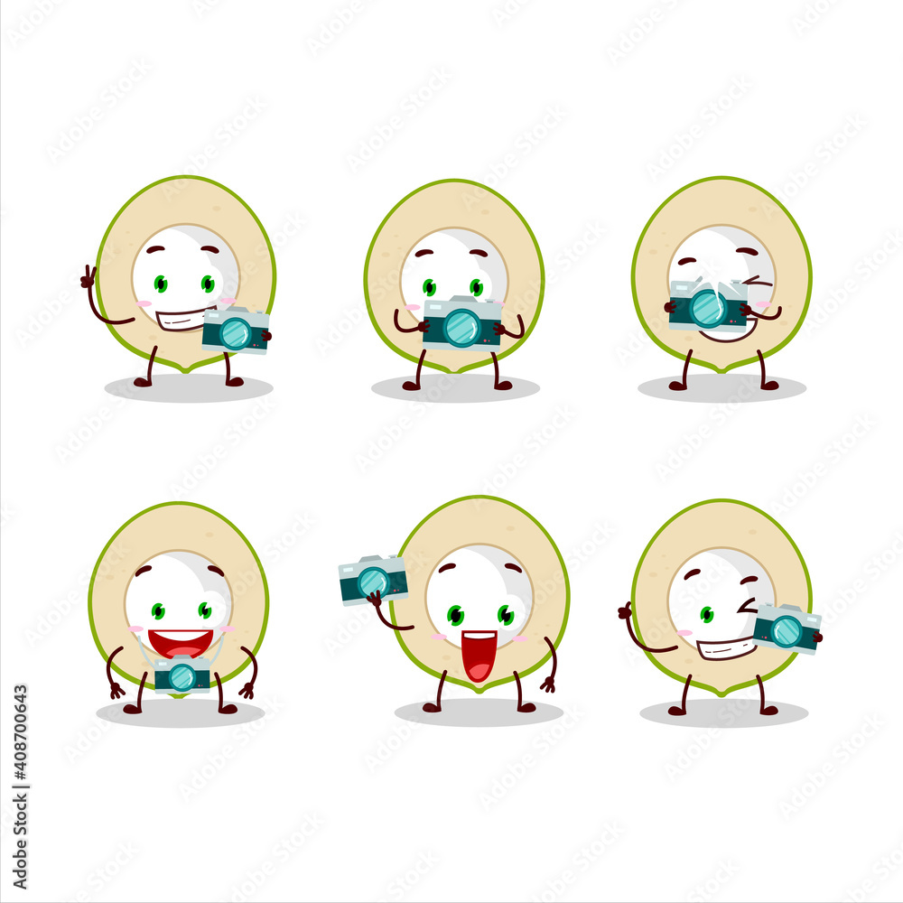 Photographer profession emoticon with slice of green coconut cartoon character