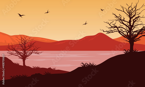 Warm afternoon atmosphere with beautiful scenery on the river bank. Vector illustration