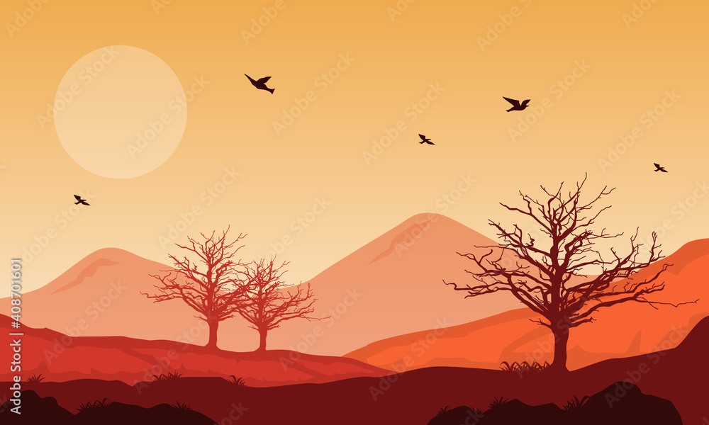 Beautiful nature scenery in the afternoon on the city edge. Vector illustration