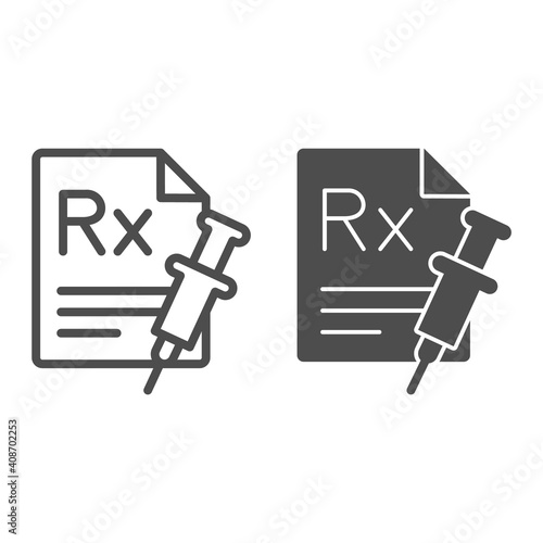 RX prescription and syringe line and solid icon, injections concept, painkiller medication prescription sign on white background, Clipboard with syringe icon in outline style. Vector graphics.