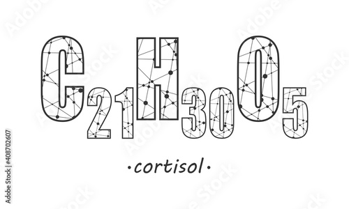 Chemical formula of hormone cortisol. Connected lines with dots