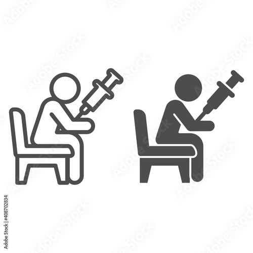Injecting medicine in patient arm with syringe line and solid icon, injections concept, applying injection sign on white background, intravenous injection to patient icon in outline. Vector graphics.