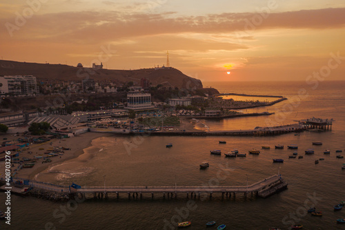 Aerial view sunset beach club in the district of Chorillos in Lima. Club Regatas.
 photo