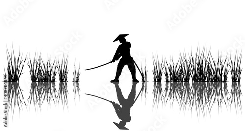  Illustration with samurai, oriental style, solid colors. Vector graphics.