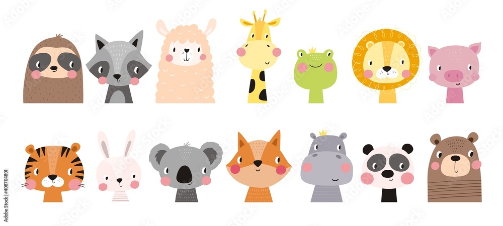 Fototapeta Cute vector print in scandinavian style. Hand drawn vector illustration for posters, cards, t-shirts. Monochrome sloth, hippo, fox, penguin, deer, tiger, bunny, panda, giraffe, bear