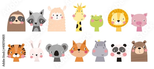 Fototapeta Cute vector print in scandinavian style. Hand drawn vector illustration for posters, cards, t-shirts. Monochrome sloth, hippo, fox, penguin, deer, tiger, bunny, panda, giraffe, bear